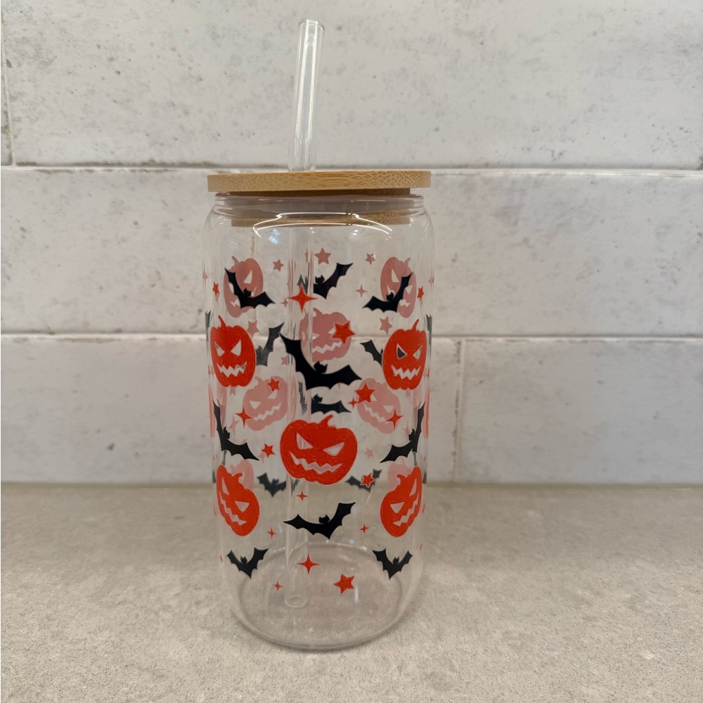 Halloween Themed Glass Tumbler with Straw